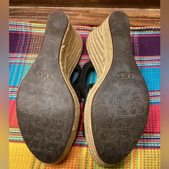 Ugg Black High Heeled Slip on Leather Sandals Braided Jute Covered Heels Sz 9 - Picture 14 of 16
